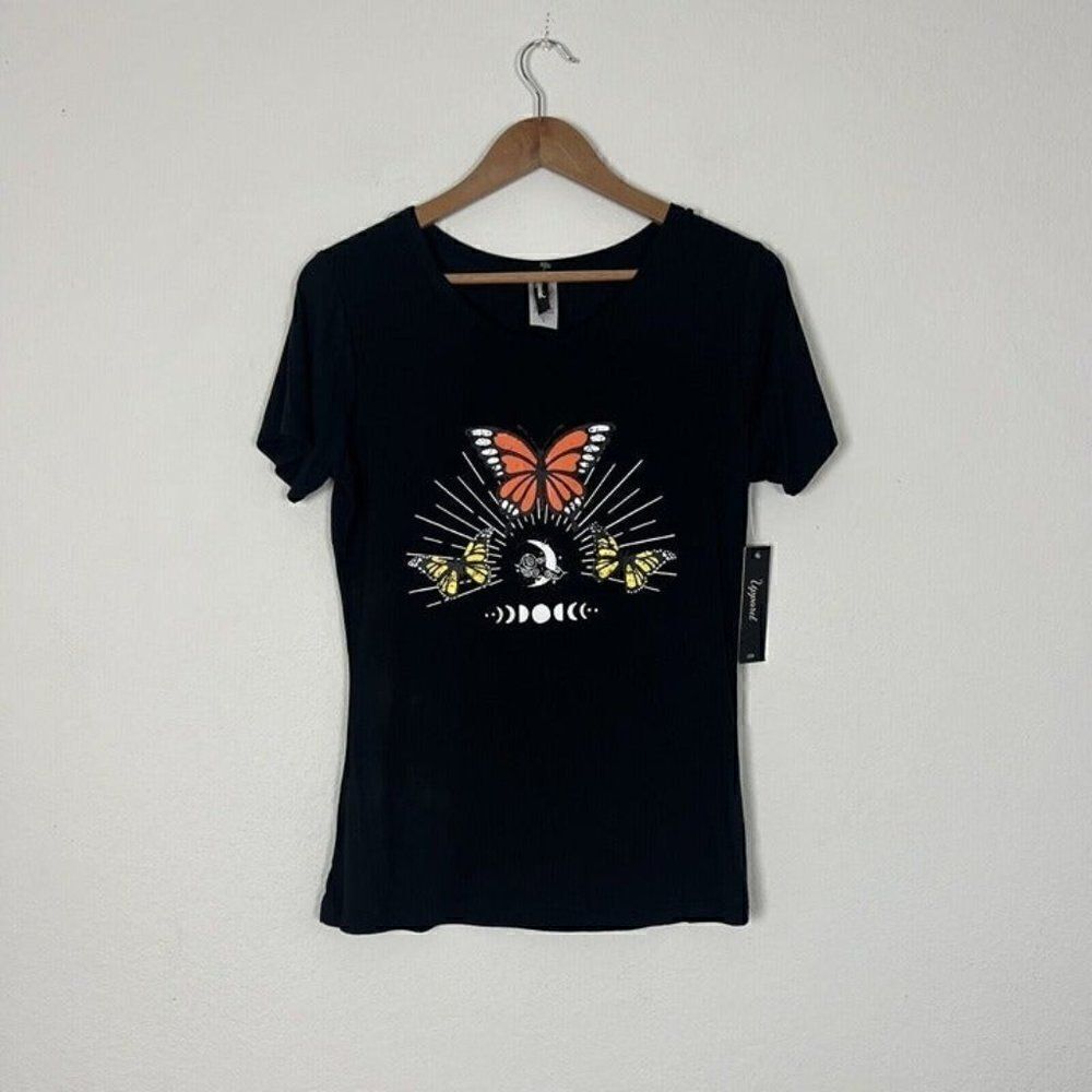 Monarch Butterflies Cosmic Moon Goddess Women's Black T-Shirt NWT Size Small
